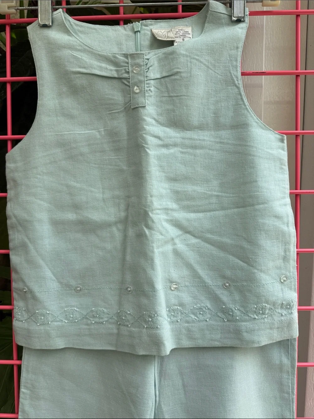 Vintage Light Blue Embroidered Linen Two-Piece Set